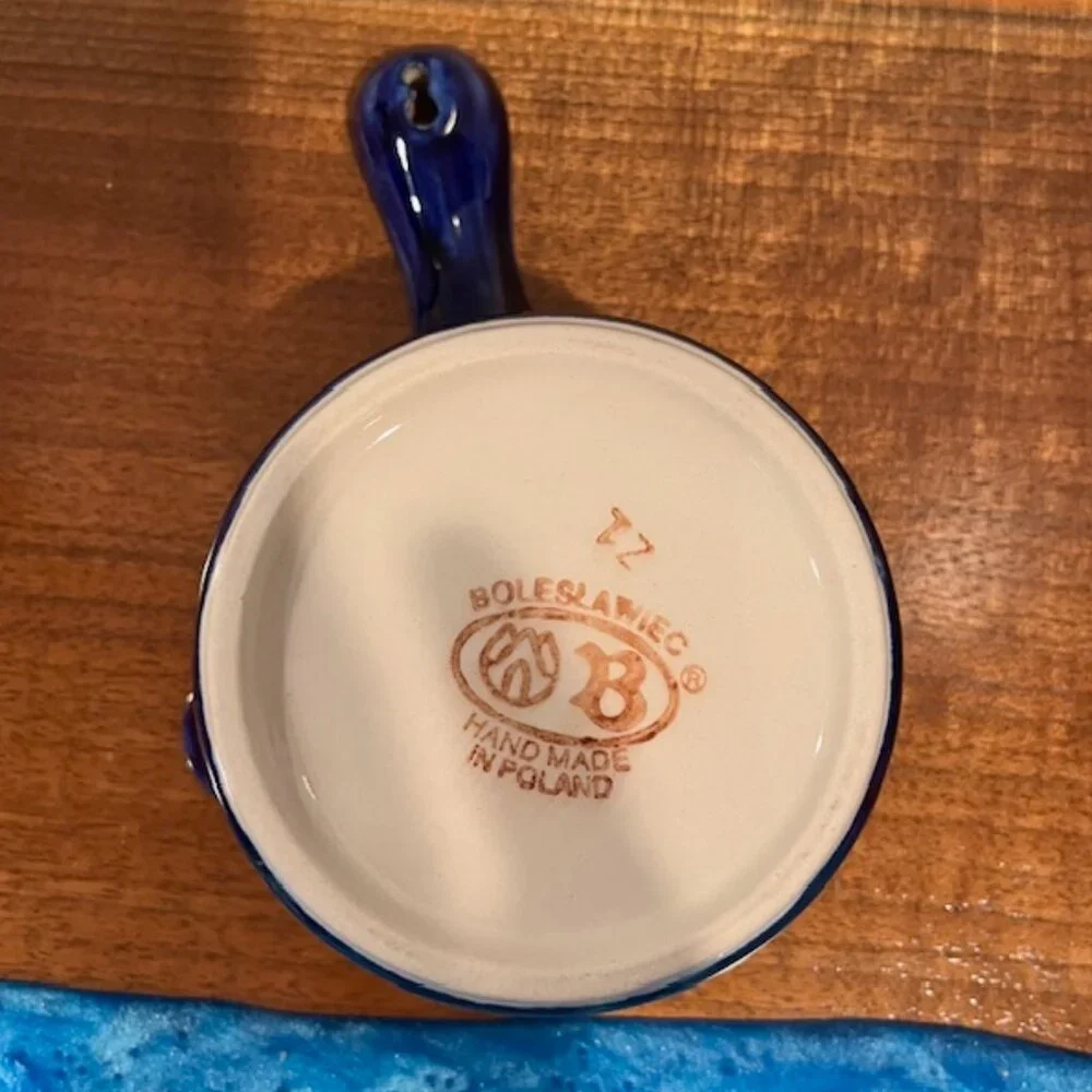 Boleslaweic Polish Pottery Blue White Handled Gravy Boat Sauce Pot Bowl - Picture 4 of 5
